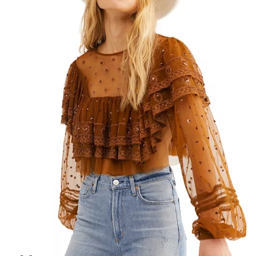 Free People Disco Top Sheer XS Sequin Brown